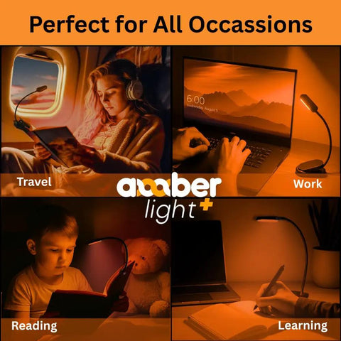 Giftable Amber Book Light With Blue Light Blocking Rechargeable 1600K Warm Amber Glow used for reading, working, and learning.