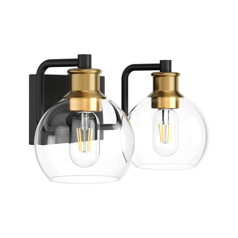 Two Light Vintage Bathroom Vanity Lighting Fixture Over Mirror Black And Gold Industrial Vanity Light With Globe Clear Glass Farmhouse Wall Sconces Bulb Not Included