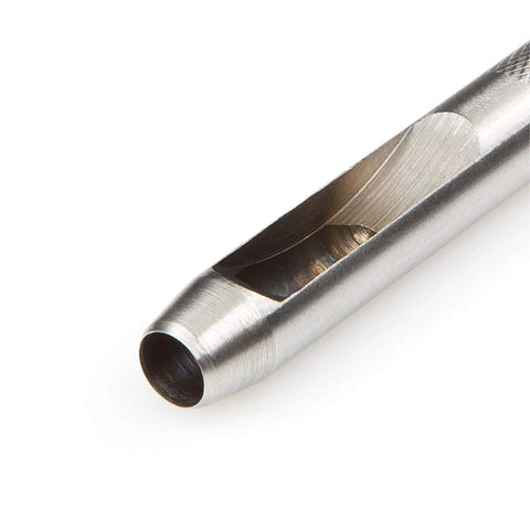 Close-up of metal punch from 9 Piece Leather Hole Punch Set Hollow Round Punches 3/32 To 25/64 Inch Heavy Duty Carbon Steel
