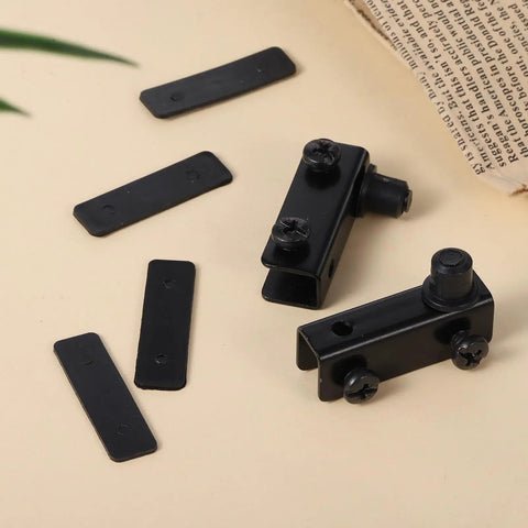 Heavy Duty Glass Door Hinge Sets With Rust Resistant Heavy Gauge Iron, Smooth Pivot Hardware For Cabinets And Shelves, Built Tough To Handle The Daily Grind Without Losing Their Edge, black hardware pieces and catch brackets.