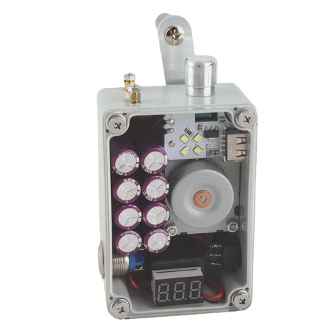 Internal view of Portable Hand Crank Generator For Emergency Power On The Go, No Batteries Needed, showing components and USB ports.