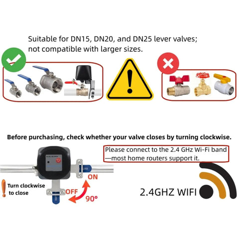 Motorized Smart Valve Actuator For Automatic Water Shutoff With WiFi And Bluetooth Control Via Tuya Smart Life App And Alexa No Hub Needed Valve Sold Separately Easy Setup Reliable 2.4Ghz WiFi Coverage with compatibility warnings and installation guide.
