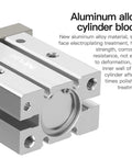 Close-up of aluminum alloy cylinder block of Beefed-Up Heavy Duty Pneumatic Parallel Gripper Claw With Magnetic Jaw, 1-1/4 Inch Bore 32mm Mini Air Cylinder Gripper For Precision Parts Handling MHZ2-32D For Quick Setup And Maximum Performance.