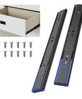 Soft Close Drawer Slides 12 To 24 Inch With 100 Lb Load Capacity Side Mount Ball Bearing Metal Dresser Runners For Kitchen Cabinets Black Finish Quiet Smooth Glide No Slam Drawers, shown with mounting screws and installed view.