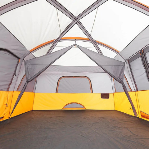 Interior of Spacious 12 Person Cabin Tent For Family Camping With Multiple Rooms Carry Bag Weather Resistant Design
