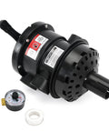 Top Mount Multiport Valve Replacement SP0714T for 1-1/2 inch sand filter systems, black metal and ABS, side view with gauge