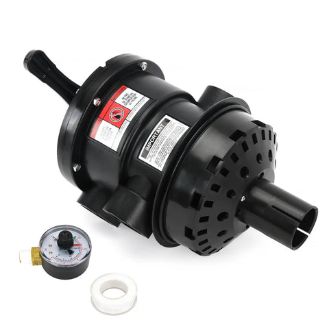 Top Mount Multiport Valve Replacement SP0714T for 1-1/2 inch sand filter systems, black metal and ABS, side view with gauge