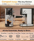Kitchen MVP 20 Bar Espresso Machine With Built In Milk Frother And Stainless Steel Coffee Maker on countertop, compact design visible.