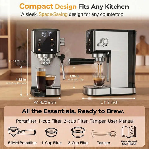 Kitchen MVP 20 Bar Espresso Machine With Built In Milk Frother And Stainless Steel Coffee Maker on countertop, compact design visible.