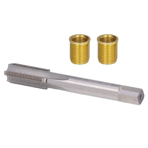 Thread Repair Kit With M14 X 1.25 High Speed Steel Tap And M12 X 1.25 Stainless Inserts For Gas Engines And Generators Restoring Damaged Threads Fast In Automotive And Industrial Sockets, featuring a steel tap and two brass inserts.