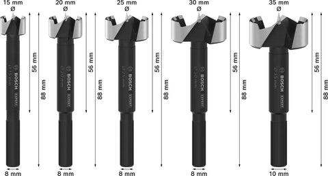Five Piece Forstner Drill Bit Set With Rugged Three Flat Shank Grip Killer Longevity For Hardwood And Softwood Tasks Smooth Blind Hole Drilling, various sizes.
