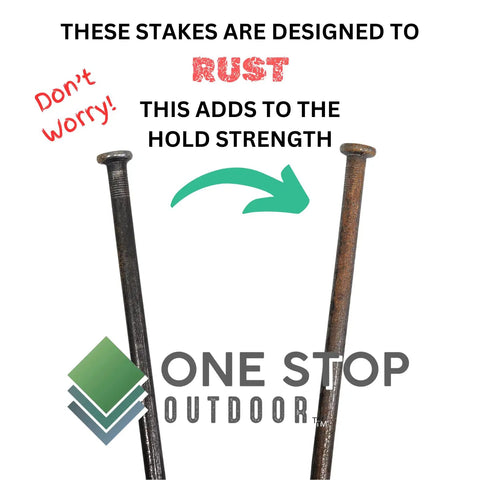 Heavy Duty 12 Inch Round Metal Stakes For Landscape And Paver Edging, Extra Thick Timber Nail Spikes shown with rust effect