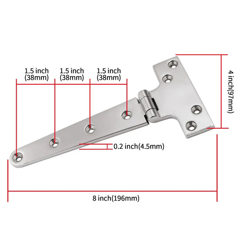 Marine Grade 316 Stainless Steel T Hinges 8 By 4 Inch Heavy Duty Boat Hatch Hardware 2 Pack Polished Finish with measurements