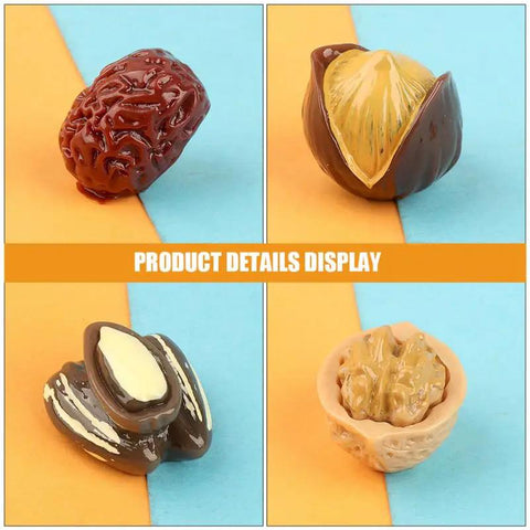 Close-up of 15-Piece Realistic Miniature Nut Set For Dollhouses, Resin Nuts Including Walnut, Peanut And Pistachio on display