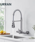 Hurran Wall Mount Kitchen Faucet, Commercial Utility Sink Faucet with flexible spring sprayer and water stream in kitchen setting.