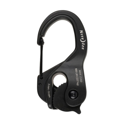 CamJam XT Aluminum Rope Tightener Large With Carabiner Clip For Quick Tie Downs Versatile Cam Mechanism Secure Hiking Gear Accessory And Rope Tie Down Tool, black aluminum, side view