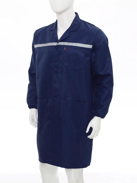 Mens Workshop Coat Long Sleeve Wear Resistant Lab Jacket Uniform Navy Blue Large Durable Workwear For Mechanics And Builders With Front Button Closure Pen Pocket Chest And Two Large Patch Pockets, front view