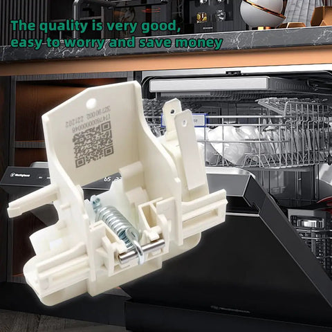 Dishwasher Door Switch Latch Lock OEM Replacement Part No Fuss DD81-02132A DD81-01629A with loaded dishwasher in background