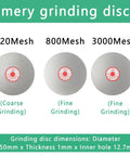 Emery grinding discs labeled 320Mesh, 800Mesh, and 3000Mesh for Rock Solid Wet Bench Grinder And Variable Speed Electric Sander.