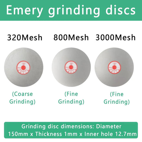 Emery grinding discs labeled 320Mesh, 800Mesh, and 3000Mesh for Rock Solid Wet Bench Grinder And Variable Speed Electric Sander.