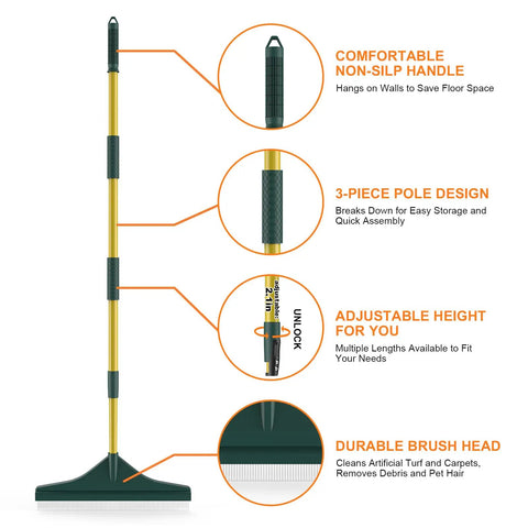 Diagram of Beefy Turf Rake With Steel Telescopic Handle, Adjustable From 32 To 55 Inches, 3 Piece Pole, Easy Storage Design.