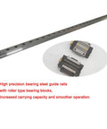 Beefed Up CDG65 Linear Rail Kit With 4 Rails And 8 CDG65A Flange Bearing Sliders For CNC Machines And DIY Projects, 1800mm Long, High Precision Low Friction Roller Guide System, visible with one rail and two bearing sliders.