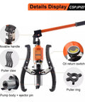 Heavy Duty Hydraulic Gear Puller And Bearing Extractor Tool with movable handle, dual jaw design, and oil return switch for smooth pulling.