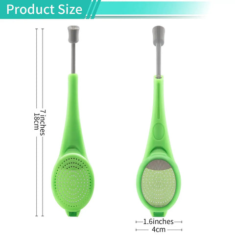 Long Handled Tea Infuser With Fine Mesh Strainer And Built In Plunger Reusable Loose Leaf Coffee Filter dual compartment spice steeper, 7 inches, green.