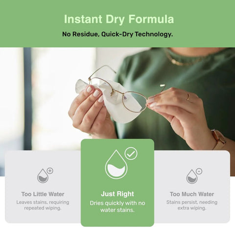 Front view: SOLWST Optix lens cleaning wipes used on eyeglasses