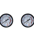 Dual air pressure gauges with 0 to 180 PSI center back mount, 2-inch dial, G1/4 thread, brass components, in black steel case.
