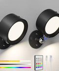 Rechargeable Battery Operated Wall Sconce Twin Pack With 3 White And 13 RGB LED Lights, magnetic, black finish on wall.