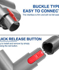 Close-up of quick release button on Mini Motorized Vacuum Attachment For Dyson V7 V8 V10 V11 V15 Cordless Stick Vacuums.