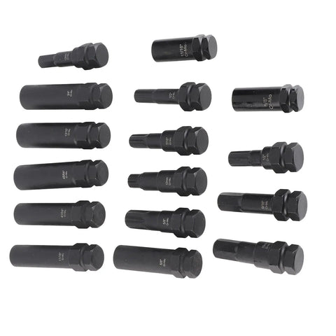 Heavy Duty Locking Lug Nut Master Set And Wheel Lock Key Extraction Tool Kit For Daily Drivers Bulletproof Anti Theft Security With 16 Badass Steel Socket Keys Garage Ready Setup To Lock Down Your Ride And Cruise: 16 black steel socket keys in various sizes.