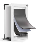Heavy Duty Insulated Dog Door For Wall Featuring Triple Flap Weather Blocker Keeping Your Pups Snug Through Blowhard Winds Or Roasting Heat Energy Saving Aluminum Frame Handles Big Dogs Up To One Hundred Ten Lbs All Season Smooth Glide, showing three layered flaps.
