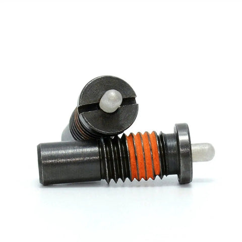 Rock Solid Carbon Steel Spring Plunger With Flange Mount Telescopic Index Finger Pin For Light Load Positioning Tasks Smooth Action No Fuss Setup For Shop Pros - Close-up view of spring plunger pin with orange detail.
