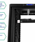 Interior view of 18U Soundproof Server Cabinet With Secure Locking Door And Smooth Cooling Vents For Dead Quiet Home Office Rig showing LCD and fans.