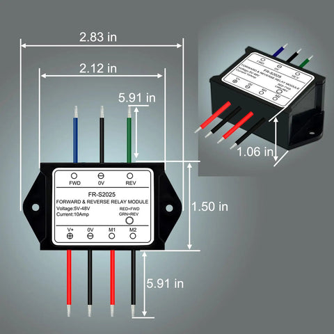 5-48V DC DPDT Forward Reverse Relay Module dimensions and wiring details, reversible DC motor controller for linear actuators and more.