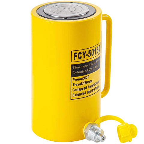 Yellow hydraulic bottle jack with side handle, front view, 50-ton capacity.