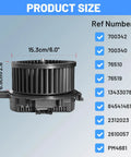 Front Hvac Heater Blower Motor Brushless Design Fits Chevy Cruze Volt Bolt Gmc Acadia Buick Enclave Cadillac X T Five Straight Fire Under Hood, showing product size and reference numbers.