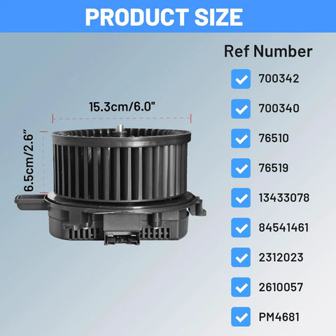 Front Hvac Heater Blower Motor Brushless Design Fits Chevy Cruze Volt Bolt Gmc Acadia Buick Enclave Cadillac X T Five Straight Fire Under Hood, showing product size and reference numbers.