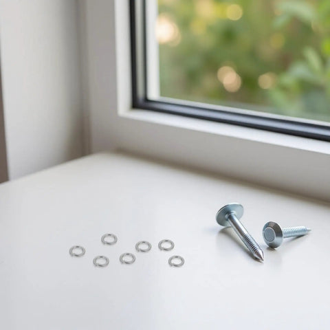 Heavy Duty Stainless Steel Split Lock Washers M6 300 Piece Pack with silver screws on a table near a window.