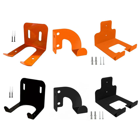 Heavy Duty Iron Power Tool Hanger Wall Mount For Garage And Shed Organization Sturdy Weedeater Holder in orange and black.