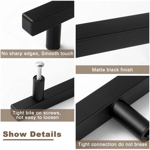 Close-up of Real Deal Matte Black Cabinet Handles With Slick Square Edges 3 Inch Hole Centers And Heavy Duty Stainless Steel Build.