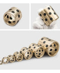 Top Shelf Brass Bushings Featuring Oil Infused Graphite Self Lubricating Design Copper Sleeves, size variations, black dot pattern.
