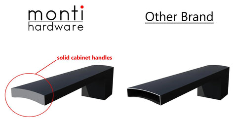 Comparison of Monti Hardware and other brand polished chrome 5 inch hole center cabinet handles in solid stainless steel.