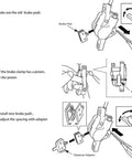 Illustration showing installation of Disc Brake Pads For Formula Oro Puro K18 K24 Bianco, with piston reset and adapter adjustment.