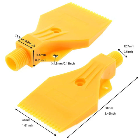 Yellow ABS nozzle from 5-In-1 Wind Jet Air Nozzles Set for Industrial Cooling, dimensions and connector details shown.