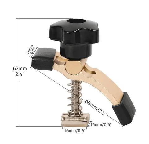 The Aluminum T Track Clamp Kit for CNC Routers 2 Pack with plate clamp, showing dimensions and adjustable pivot.