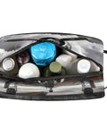 Open Go-To Vintage Airplane Travel Toiletry Bag For Women And Men, showing assorted cosmetics inside, with durable handle.
