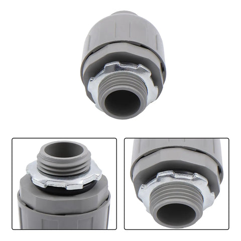No Sweat Half Inch Npt 180 Degree Straight Conduit Connector Plug 20 Pack Toolless Slide Setup Tough Steel hybrid connector close-up